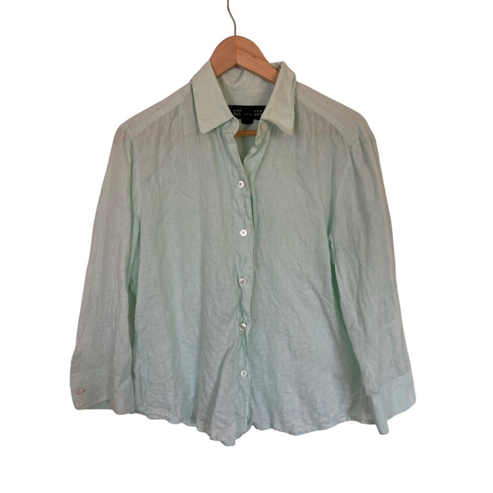 Linda Allard Ellen Tracy Mint Green Linen Button-Up Shirt Size 16 Classic 3/4 Sl